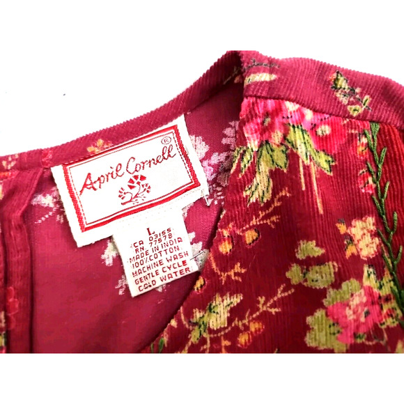 Vintage April Cornell ~Woman Size L~ Red Floral Corduroy Sleeveless Dress Pocket - Picture 2 of 9